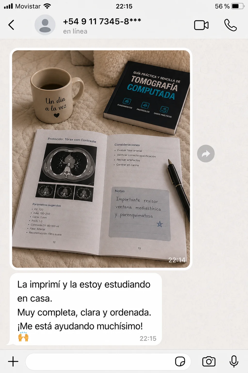Mensaje de WhatsApp de un profesional recomendando la guía de tomografía (4 de 4)