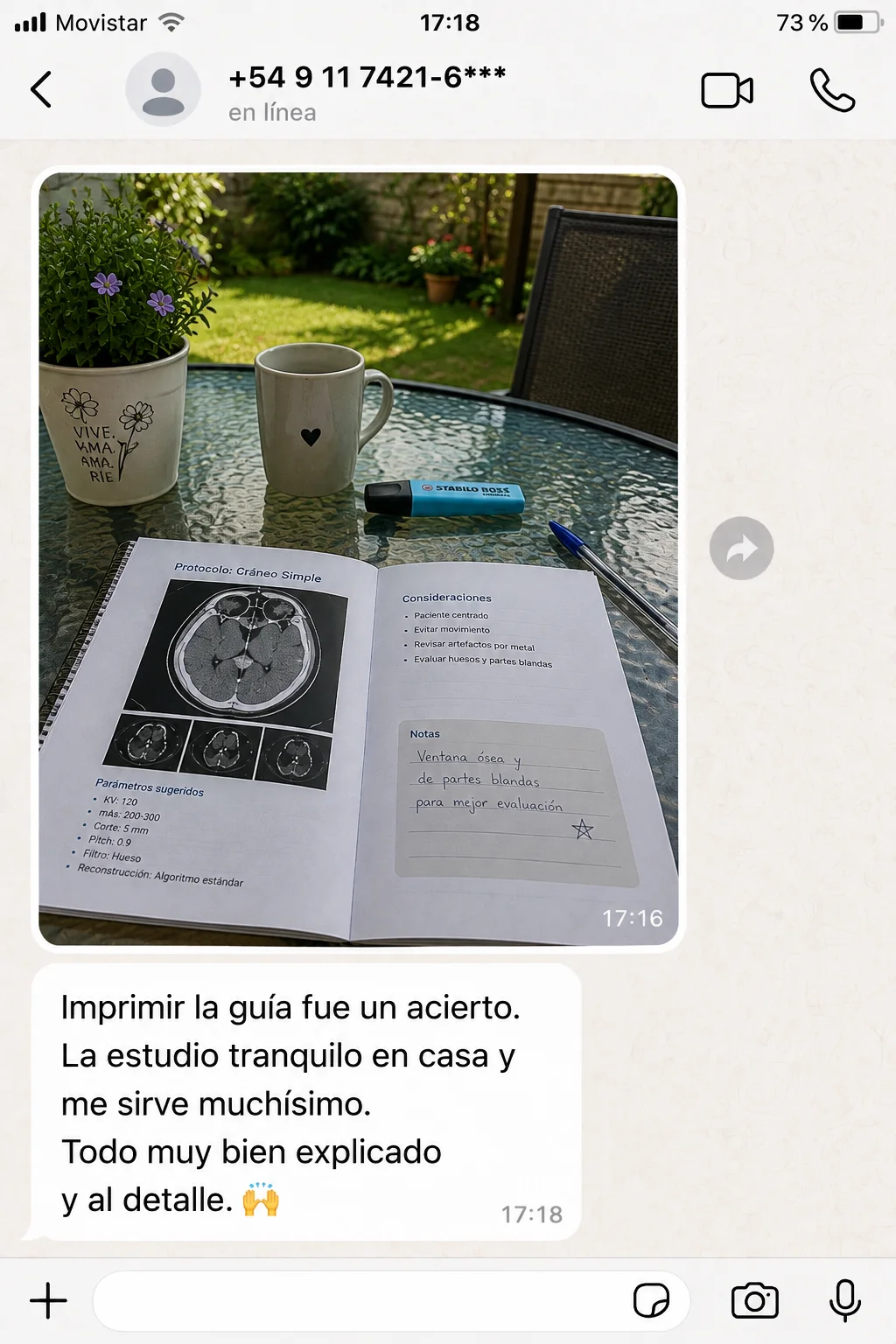 Mensaje de WhatsApp de un profesional recomendando la guía de tomografía (3 de 4)