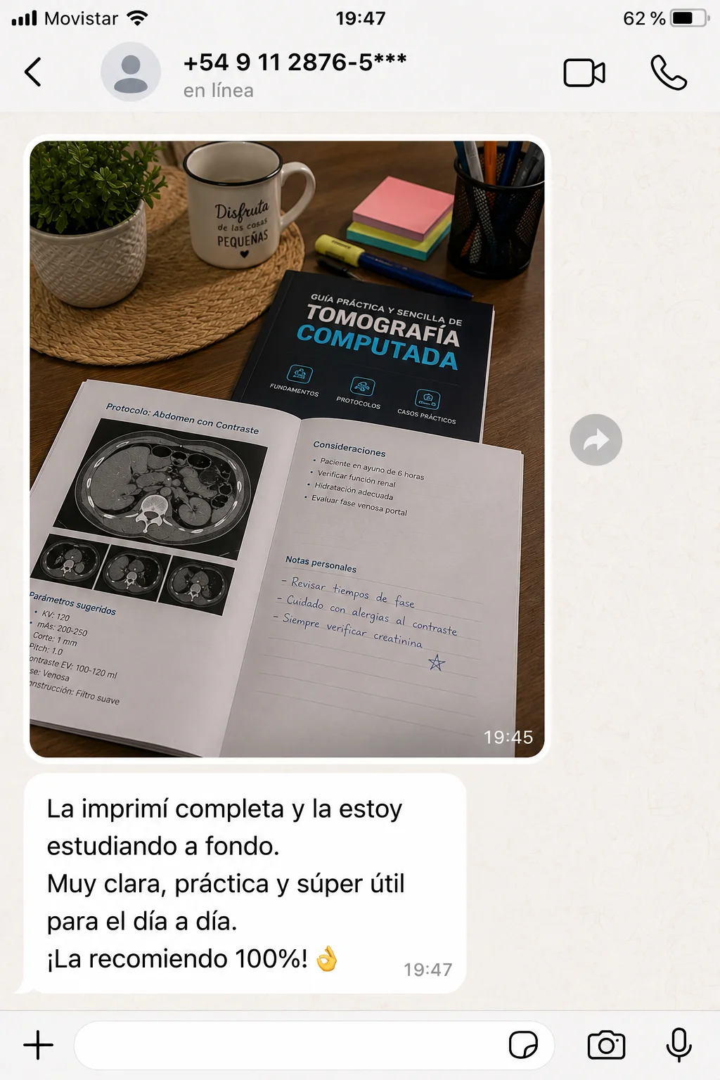 Mensaje de WhatsApp de un profesional recomendando la guía de tomografía (2 de 4)