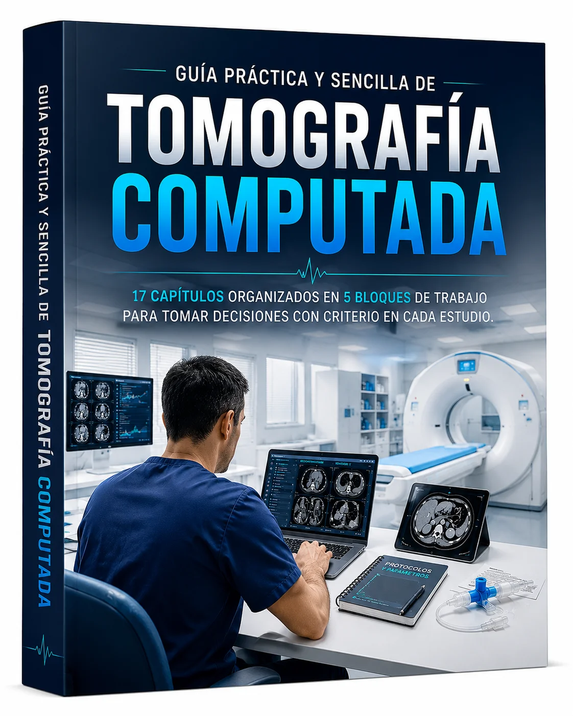 Guía digital de tomografía computada: libro, tablet con cortes axiales y cuaderno de checklist